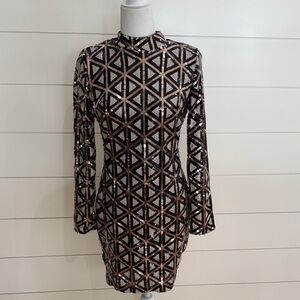 Lulus Geometric Sequin Dress - Black and Gold